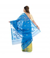 Desh Bidesh Women`s Traditional Bengal Handloom Tant Dhakai Jamdani Cotton Saree Whole Body Design(Blue Yellow)