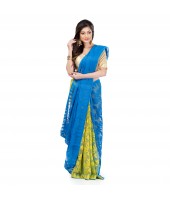 Desh Bidesh Women`s Traditional Bengal Handloom Tant Dhakai Jamdani Cotton Saree Whole Body Design(Blue Yellow)