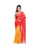 Desh Bidesh Women`s Traditional Bengal Handloom Tant Dhakai Jamdani Cotton Saree Whole Body Design(Red Yellow)