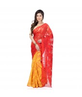 Desh Bidesh Women`s Traditional Bengal Handloom Tant Dhakai Jamdani Cotton Saree Whole Body Design(Red Yellow)