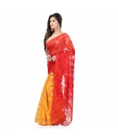 Desh Bidesh Women`s Traditional Bengal Handloom Tant Dhakai Jamdani Cotton Saree Whole Body Design(Red Yellow)