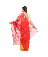 Desh Bidesh Women`s Traditional Bengal Handloom Tant Dhakai Jamdani Cotton Saree Whole Body Design(Red Yellow)