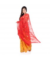 Desh Bidesh Women`s Traditional Bengal Handloom Tant Dhakai Jamdani Cotton Saree Whole Body Design(Red Yellow)