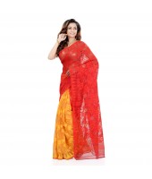 Desh Bidesh Women`s Traditional Bengal Handloom Tant Dhakai Jamdani Cotton Saree Whole Body Design(Red Yellow)