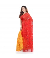 Desh Bidesh Women`s Traditional Bengal Handloom Tant Dhakai Jamdani Cotton Saree Whole Body Design(Red Yellow)