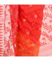 Desh Bidesh Women`s Traditional Bengal Handloom Tant Dhakai Jamdani Cotton Saree Whole Body Design(Red Yellow)