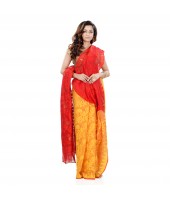 Desh Bidesh Women`s Traditional Bengal Handloom Tant Dhakai Jamdani Cotton Saree Whole Body Design(Red Yellow)