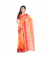 DESH BIDESH Women`s Traditional Bengal Tant Pure Handloom Cotton Saree Woven Kalkatara Design Without Blouse Piece (Light Orange Red)