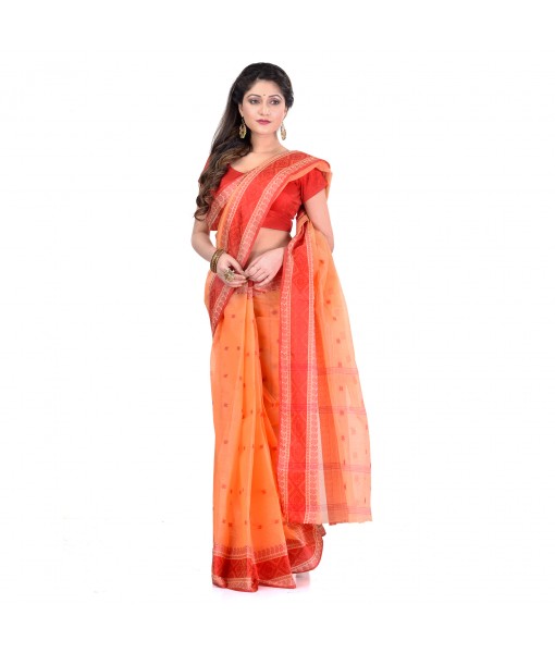 DESH BIDESH Women`s Traditional Bengal Tant Pure Handloom Cotton Saree Woven Kalkatara Design Without Blouse Piece (Light Orange Red)