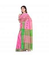 DESH BIDESH Women`s Traditional Bengali Handloom Tant Pure Cotton Saree Pompom Desigined With Blouse Piece (Pink Green)