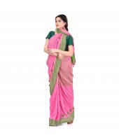 DESH BIDESH Women`s Traditional Bengali Handloom Tant Pure Cotton Saree Pompom Desigined With Blouse Piece (Pink Green)