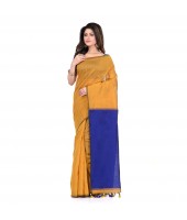 DESH BIDESH Women`s Bengal Half Half Ghicha Handloom Cotton Silk Saree With Blouse Piece (Mustard Yellow Blue)