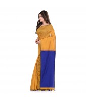 DESH BIDESH Women`s Bengal Half Half Ghicha Handloom Cotton Silk Saree With Blouse Piece (Mustard Yellow Blue)