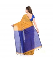 DESH BIDESH Women`s Bengal Half Half Ghicha Handloom Cotton Silk Saree With Blouse Piece (Mustard Yellow Blue)