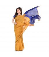 DESH BIDESH Women`s Bengal Half Half Ghicha Handloom Cotton Silk Saree With Blouse Piece (Mustard Yellow Blue)