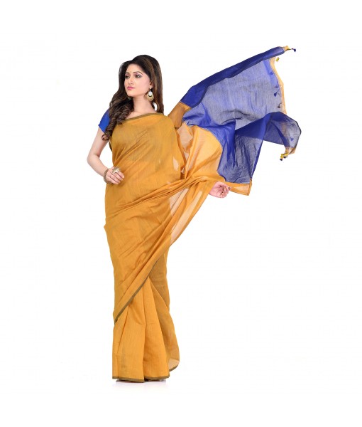 DESH BIDESH Women`s Bengal Half Half Ghicha Handloom Cotton Silk Saree With Blouse Piece (Mustard Yellow Blue)