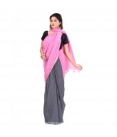 DESH BIDESH Women`s Bengal Half Half Ghicha Handloom Cotton Silk Saree With Blouse Piece (Grey Pink)
