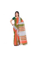 Khadi Ghicha Handloom Cotton Silk Saree With Blouse Piece (Orange Silver Green)