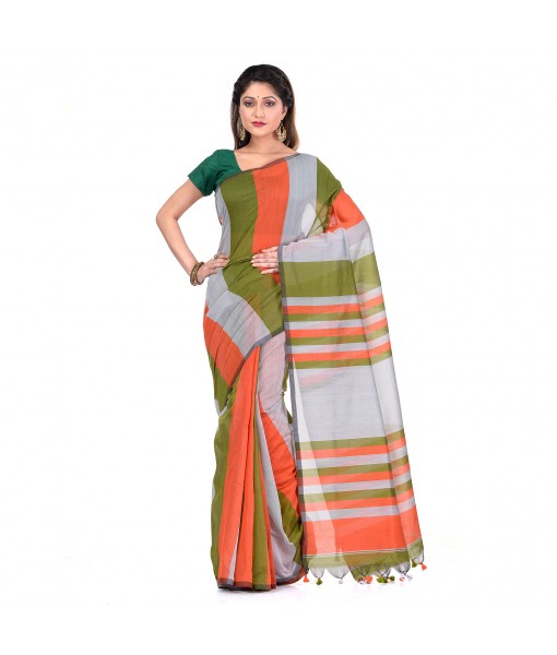 Women`s Bengal Khadi Ghicha Handloom Cotton Silk Saree With Blouse Piece (Orange Silver Green)