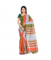 Women`s Bengal Khadi Ghicha Handloom Cotton Silk Saree With Blouse Piece (Orange Silver Green)