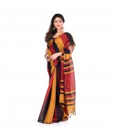 DESH BIDESH Women`s Bengal Khadi Ghicha Handloom Cotton Silk Saree With Blouse Piece (Black Yellow Red)