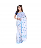 DESH BIDESH Women`s Traditional Hand Woven Malmal Bengal Handloom Pure Cotton Saree Without Blouse Piece (Sky Blue White)