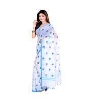 DESH BIDESH Women`s Traditional Hand Woven Malmal Bengal Handloom Pure Cotton Saree Without Blouse Piece (Sky Blue White)