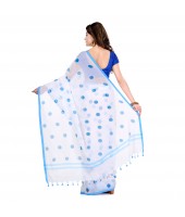 DESH BIDESH Women`s Traditional Hand Woven Malmal Bengal Handloom Pure Cotton Saree Without Blouse Piece (Sky Blue White)