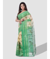 Sakuntala Devi Design Handloom Cotton Traditional Bengal Tant Saree With  Green and White