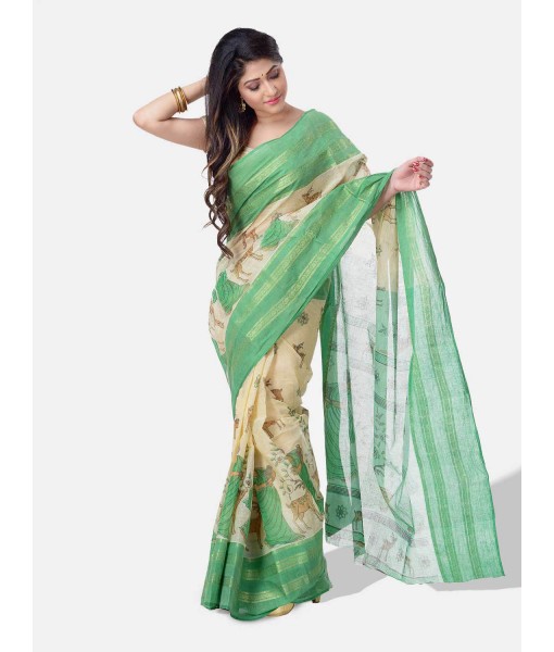 Sakuntala Devi Design Handloom Cotton Traditional Bengal Tant Saree With  Green and White