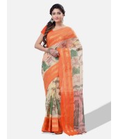 Bengal Printed cotton Tant Saree – Off White Sakuntala Printed Body With Light Work – Zori Work Border (Orange Off-White)