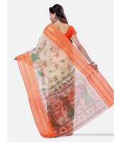 Bengal Printed cotton Tant Saree – Off White Sakuntala Printed Body With Light Work – Zori Work Border (Orange Off-White)