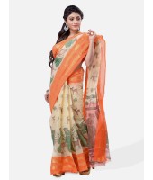 Bengal Printed cotton Tant Saree – Off White Sakuntala Printed Body With Light Work – Zori Work Border (Orange Off-White)