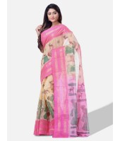 Women`s Handloom Cotton Traditional Bengal Tant With Sakuntala Design Saree Without Blouse Piece (Pink Off White)