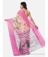 Women`s Handloom Cotton Traditional Bengal Tant With Sakuntala Design Saree Without Blouse Piece (Pink Off White)