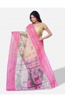 Women`s Handloom Cotton Traditional Bengal Tant With Sakuntala Design Saree Without Blouse Piece (Pink Off White)