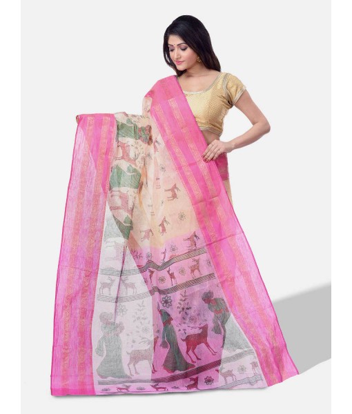 Women`s Handloom Cotton Traditional Bengal Tant With Sakuntala Design Saree Without Blouse Piece (Pink Off White)