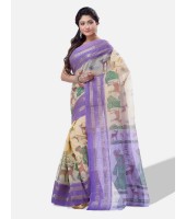 Women Sakuntala Design Pure Handloom Cotton Bengal Tant Saree Without Blouse Piece (Purple Off White)