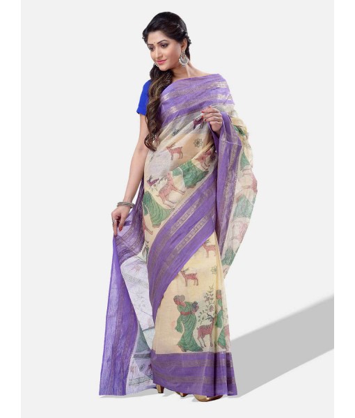 Women Sakuntala Design Pure Handloom Cotton Bengal Tant Saree Without Blouse Piece (Purple Off White)