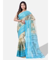 Women`s Pure Cotton Handloom Bengal Tant Saree With Sakuntala Printed Zori Design Without Blouse Pcs. (Sky Blue Off-White)