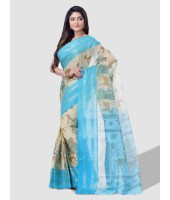 Women`s Pure Cotton Handloom Bengal Tant Saree With Sakuntala Printed Zori Design Without Blouse Pcs. (Sky Blue Off-White)