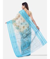 Women`s Pure Cotton Handloom Bengal Tant Saree With Sakuntala Printed Zori Design Without Blouse Pcs. (Sky Blue Off-White)