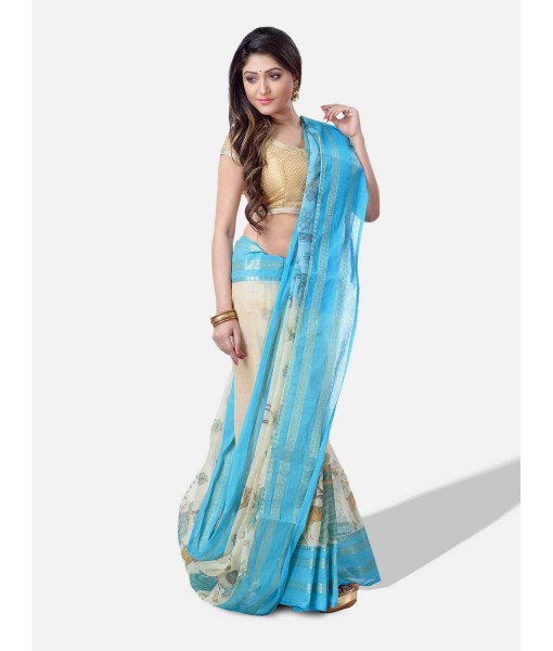 Women`s Pure Cotton Handloom Bengal Tant Saree With Sakuntala Printed Zori Design Without Blouse Pcs. (Sky Blue Off-White)