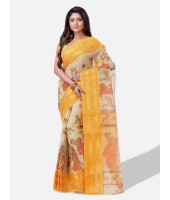 Bengal Printed cotton Tant Saree – Off White Sakuntala Printed Body With Light Work – Zori Work Border