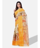 Bengal Printed cotton Tant Saree – Off White Sakuntala Printed Body With Light Work – Zori Work Border