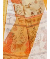 Bengal Printed cotton Tant Saree – Off White Sakuntala Printed Body With Light Work – Zori Work Border