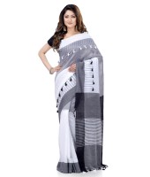 Women`s Traditional Bengali Handloom Tant Pure Cotton Saree Pompom Desigined With Blouse Piece (Deep Black Grey White)