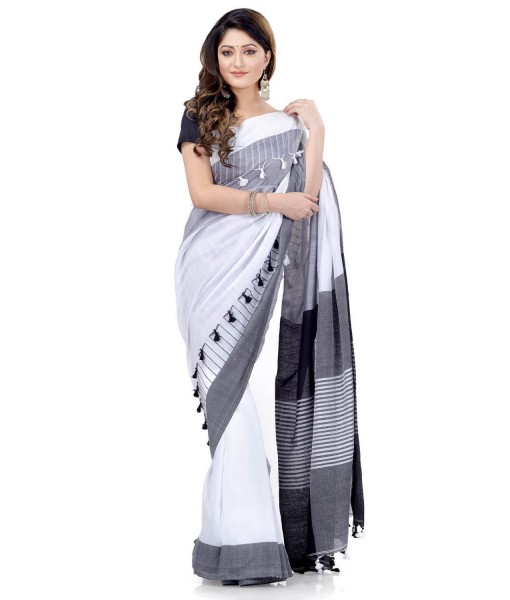 Women`s Traditional Bengali Handloom Tant Pure Cotton Saree Pompom Desigined With Blouse Piece (Deep Black Grey White)