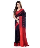 Red & Black Traditional Bengali Handloom Tant Pure Cotton Saree Pompom Desigined With Blouse Piece