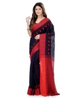 Red & Black Traditional Bengali Handloom Tant Pure Cotton Saree Pompom Desigined With Blouse Piece